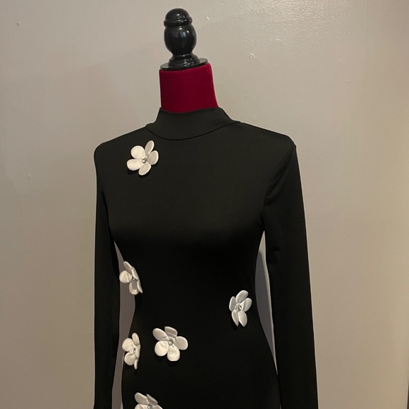 SHEIN White Floral Decor Black Stand Collar Long Sleeve Maxi Dress Size XXS - Picture 3 of 16